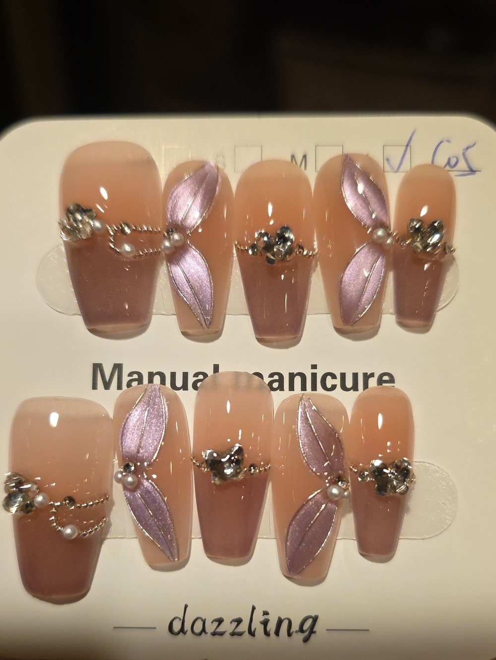Dazzling Nude Pink Press-On Nails with Lavender Petal Accents Size Large